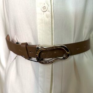 Brown PU leather silver tone buckle skinny belt